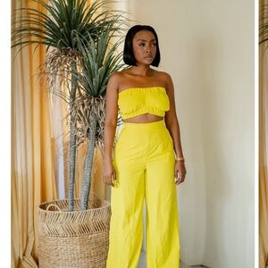 Bright Yellow Strapless Crop Top & Wide-Leg Pants Set